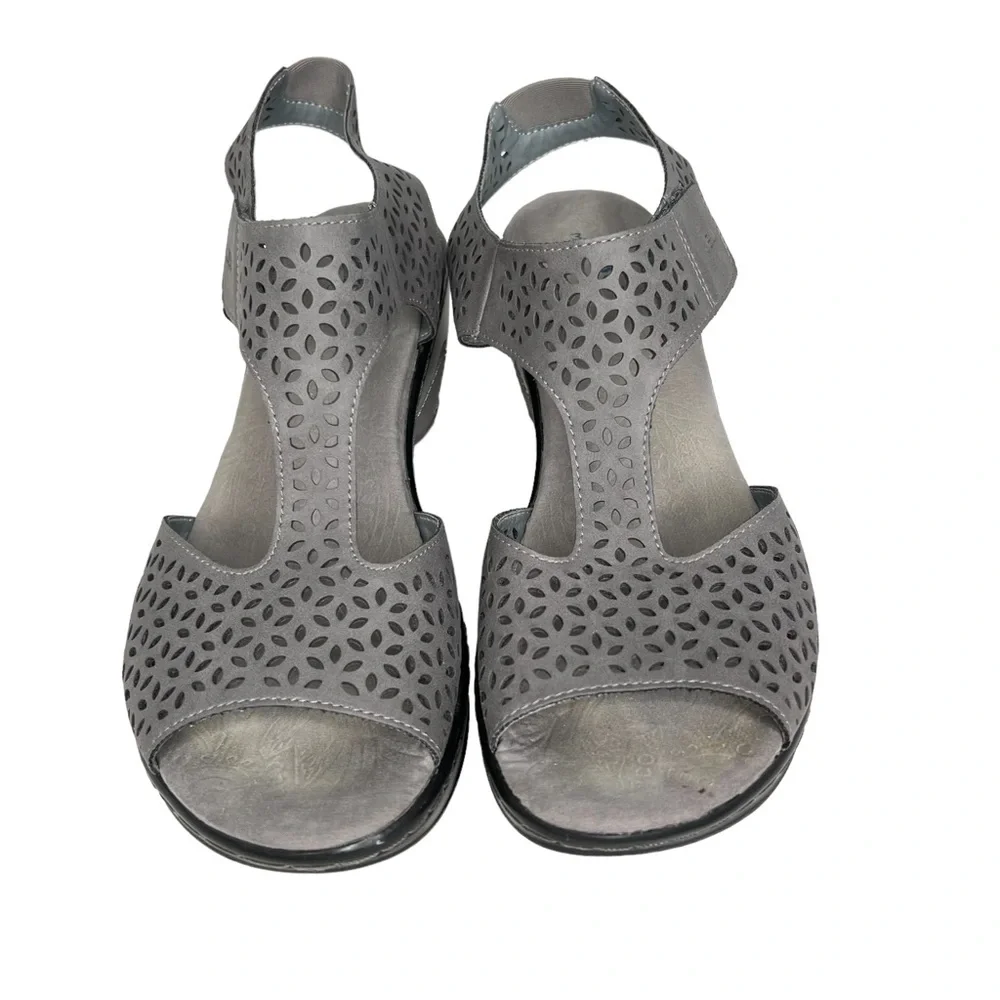 JBU by Jambu Chloe Gray Vegan Leather Laser Cut Wedge Sandals With Memory Foam 9